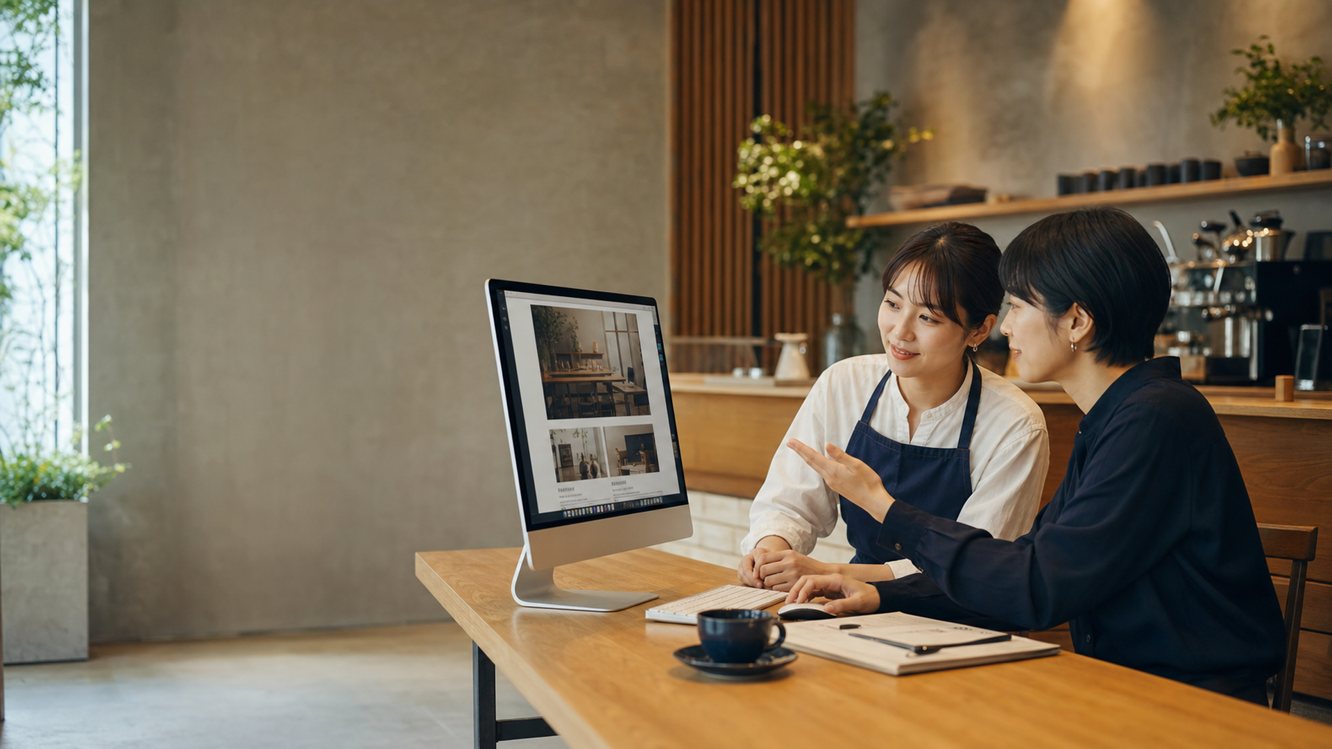 カフェの女性オーナーとWeb制作担当者がデスクトップPCを見ながら打ち合わせする様子