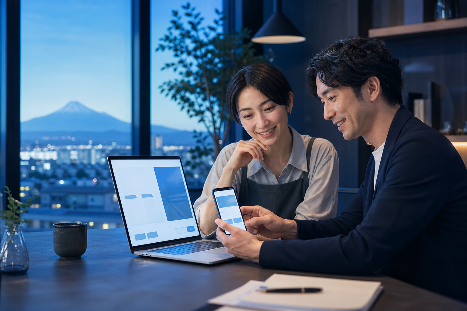 静岡の事業者とWeb担当者がホームページを確認している様子